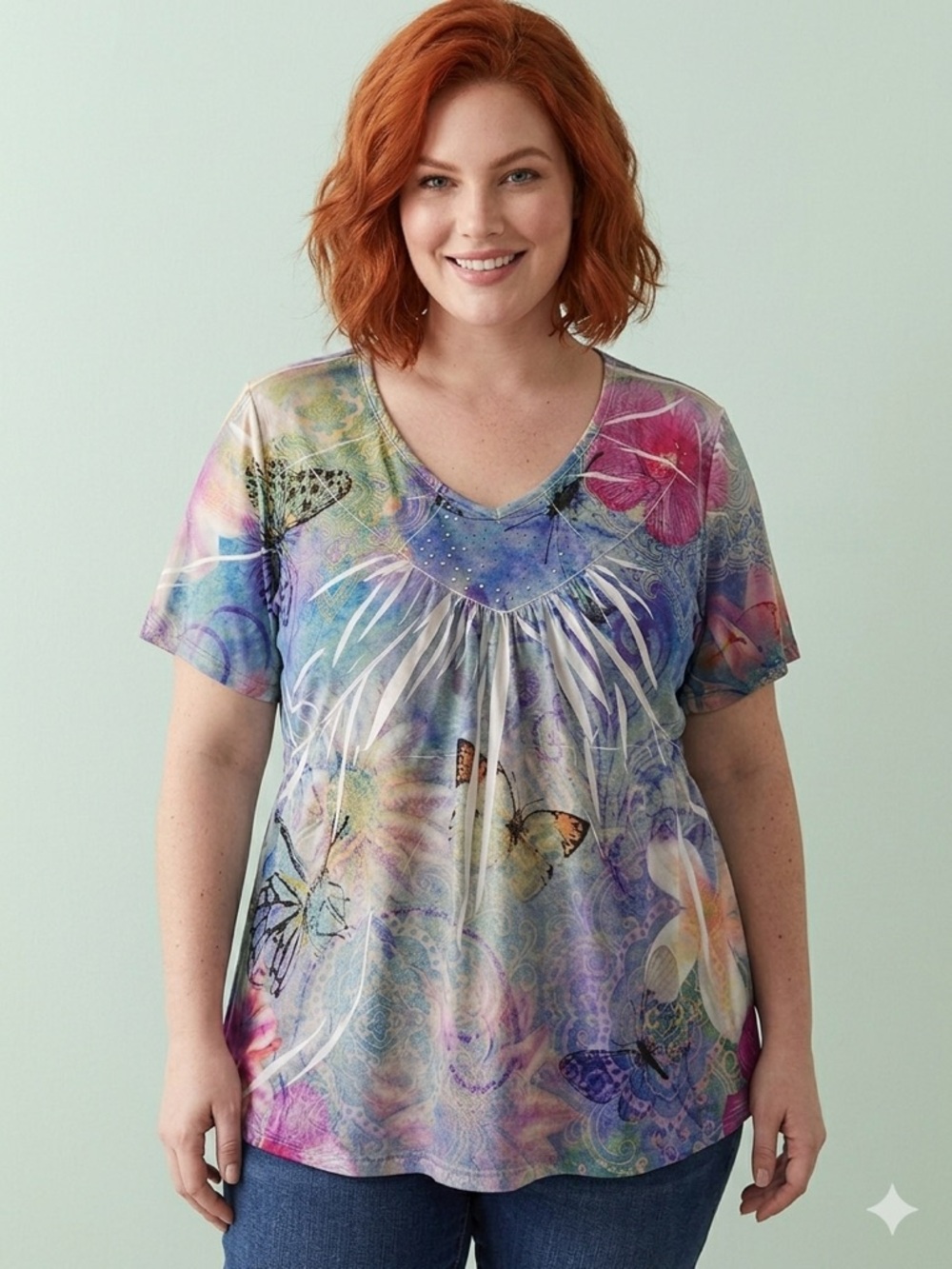 Faded Glory Multicolor Butterfly & Floral V-Neck Tee 2X